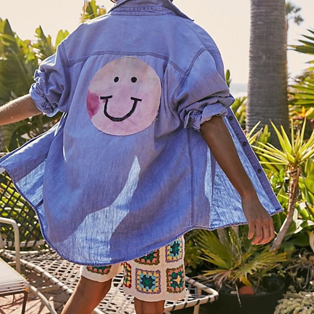 Free People Lavender Button-Down Shirt with Smiley Face Patch